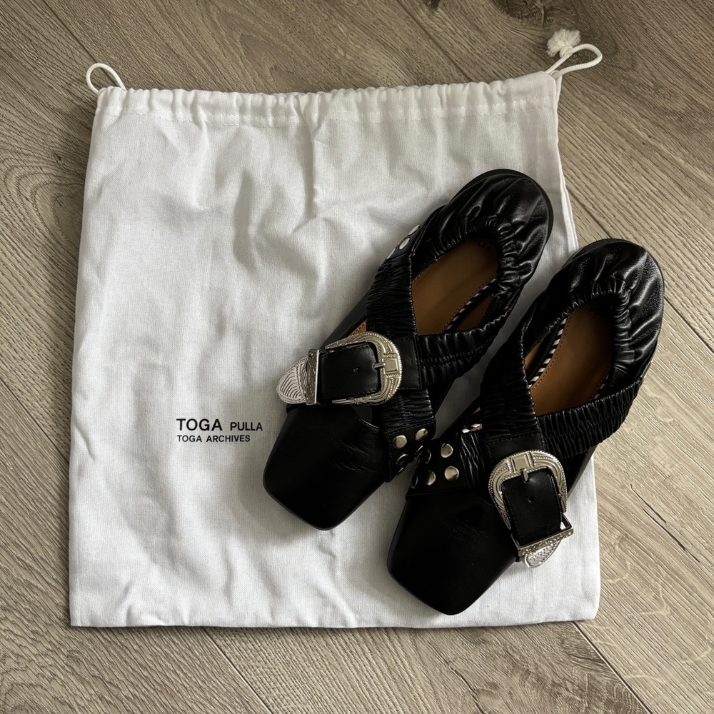 TOGA Pulla Black Flats with Silver Buckles